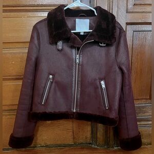 Size S Anthropologie maroon faux suede bomber with faux fur trim